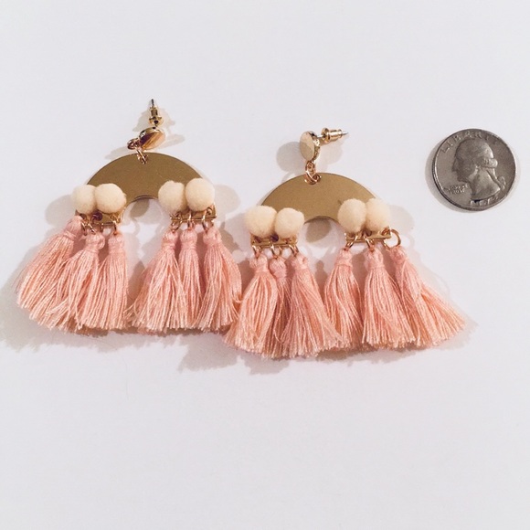 Gold rainbow earrings with pink fringe - Picture 2 of 2